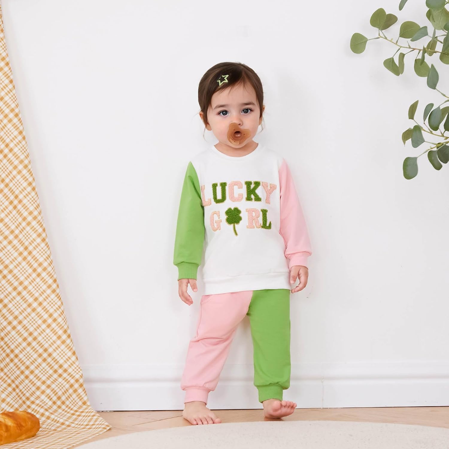 St. Patrick Day Baby Girl Outfit Clover Letter Long Sleeve Sweatshirt Top Elastic Pants Toddler Baby Girl Clothes - Image 2