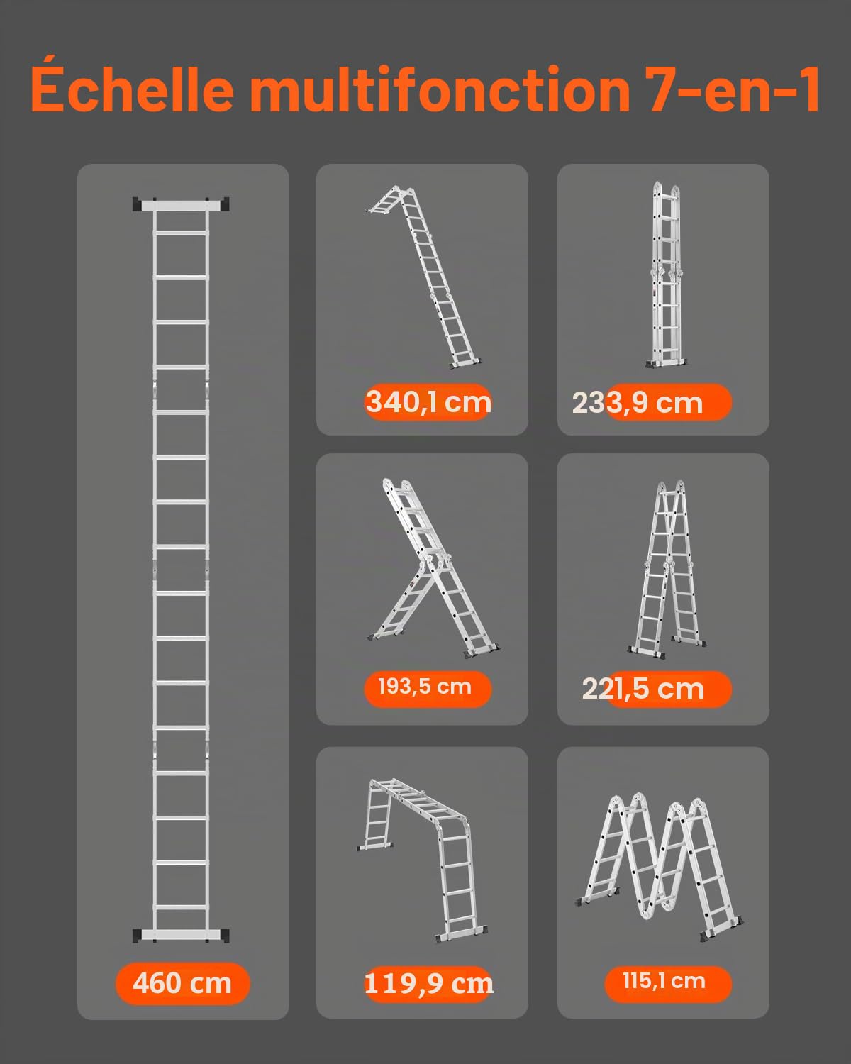 VEVOR Échelle Pliante Polyvalente 7 en 1 Escabeau Télescopique Réglable avec Barre Équilibre, Hauteur de Portée 4,6 m, Charge 150 kg, Échelle Multifonction Cadre A 4 Marches, pour Extérieur Intérieur