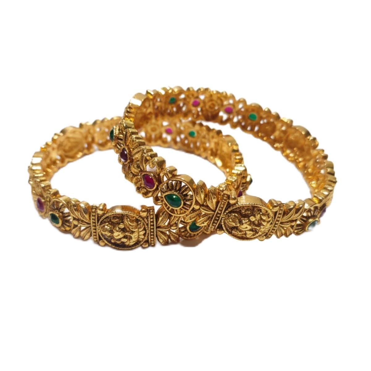 Antique Gold Finish Temple Style Bangles with Pink & Green Stones | Handcrafted Bridal Ethnic Bangles for Women-image-39