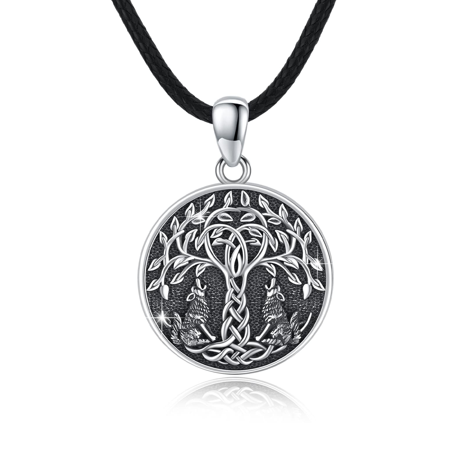 Cadena de árbol de la vida para hombre de plata de ley 925 árbol de la vida cuervo lobo colgante celta nudo redondo amuleto vikingo joyas regalos para mujeres hombres
