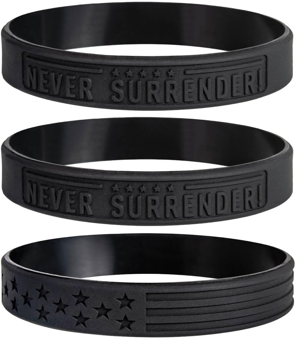 Power of Faith NEVER SURRENDER ! Inspirational Silicone Bracelets with American Flag - Motivational Wristbands Gifts for Patriots, Men, Women, Marine Corps, Army and Sport Fans