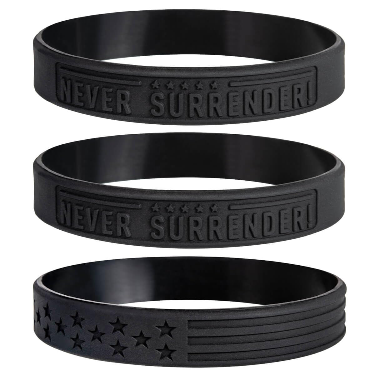 Power of Faith NEVER SURRENDER ! Inspirational Silicone Bracelets with American Flag - Motivational Wristbands Gifts for Patriots, Men, Women, Marine Corps, Army and Sport Fans