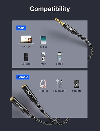 Miniatura 5 de JSAUX Divisor de auriculares, divisor de audio de 0.138 in macho TRS a 2 adaptadores hembra dobles de 0.138 in, cable auxiliar estéreo trenzado de