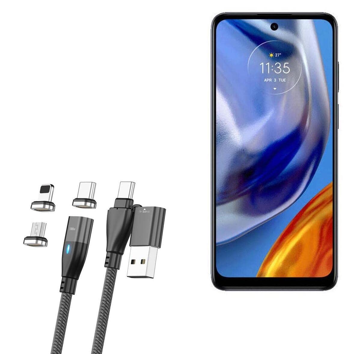 BoxWave Cable Compatible with Motorola Moto E32 (India) - MagnetoSnap PD AllCharge Cable (100W), Magnet PD 100W Charging Cable USB Type-C Micro USB for Motorola Moto E32 (India) - Jet Black