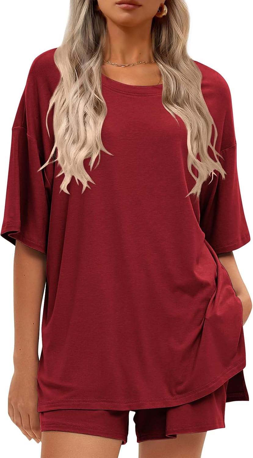 2 Piece Sets for Women Short Sleeve Comfy Oversized Lounge Sets Loose Fits Summer Matching Sets with Pockets