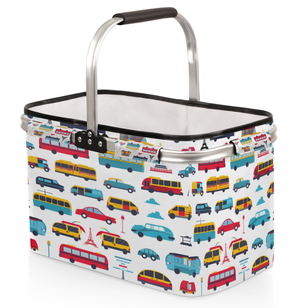 Tablerazzi Transportation Types Car Folding Picnic Basket Large Reusable Shopping Basket Collapsible Grocery Bag with Handle Aluminum Frame Market Basket