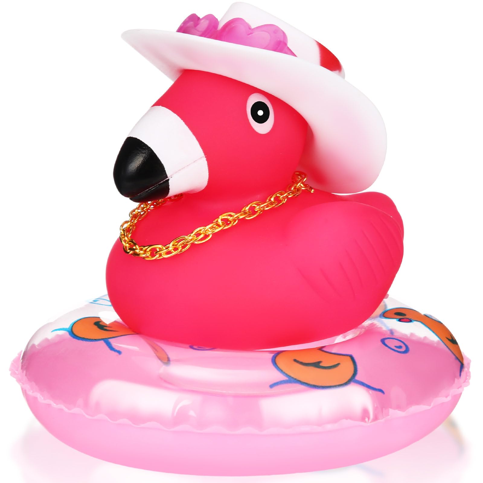 Sotiff Rubber Flamingo Pink Flamingo Rubber Ducks Squeaky Mini Ducks with Mini Hats Swim Ring Gold Chain and Sunglasses for Car Decor Summer Birthday
