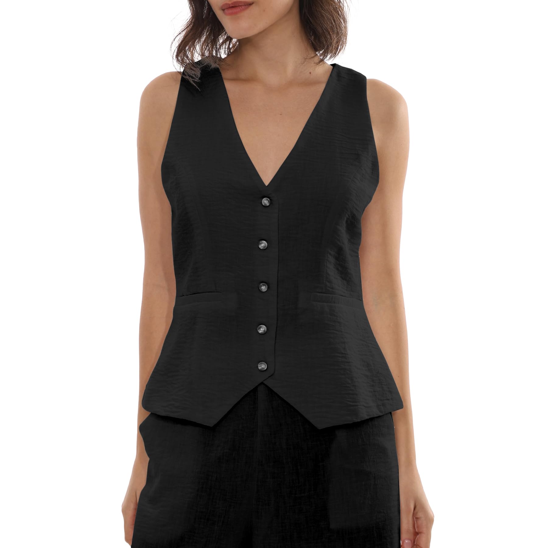 Amazhiyu Gilet da donna in misto lino, senza maniche, con bottoni, scollo a V, top estivo