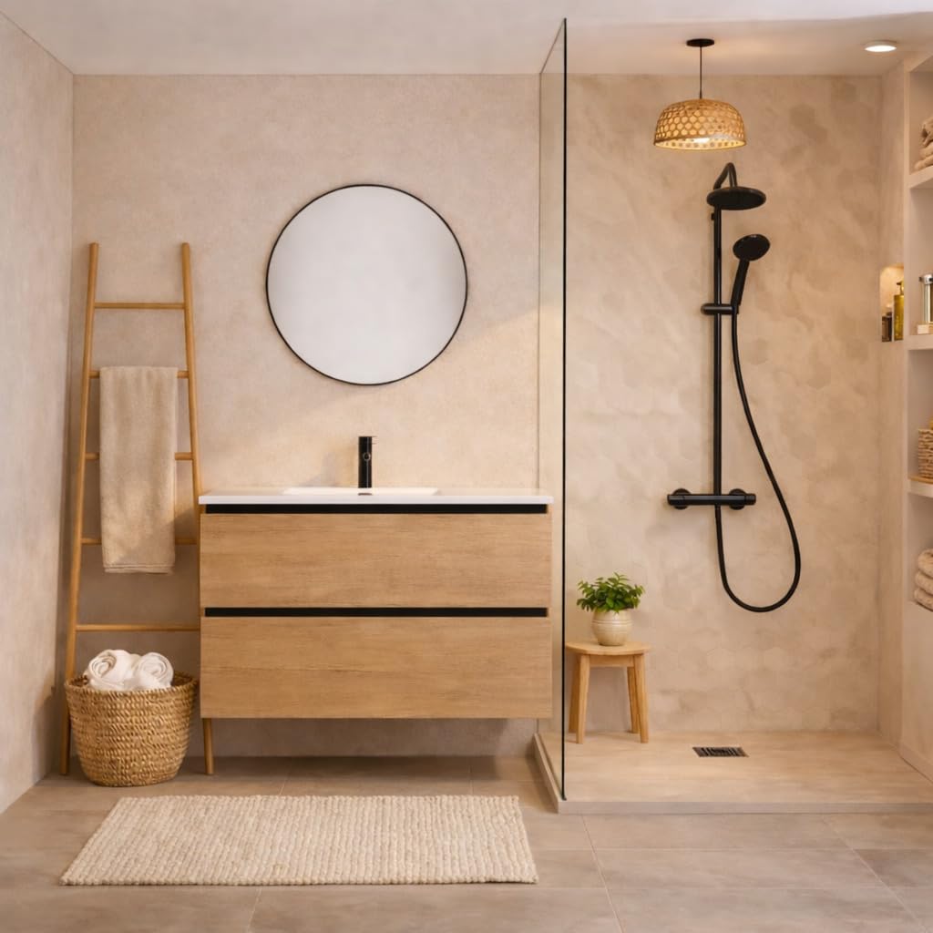Baikal Mueble de Baño Lia. Mueble MONTADO. 2 Cajones Suspendido con Lavabo Ceramico. Armario de Baño. Cierre Amortiguado. Altura 64cm. 90cm. Negro - Nature