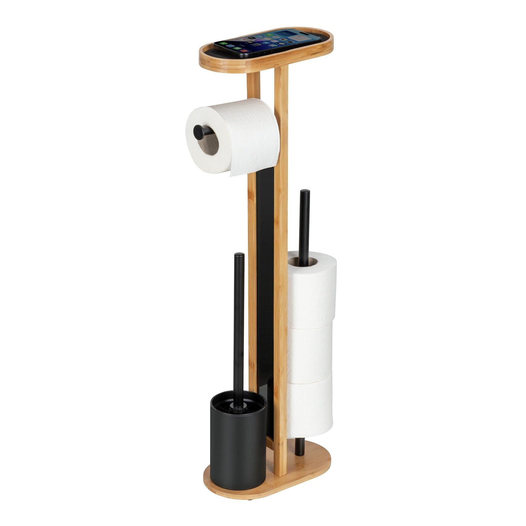 WENKO Bambus Stand WC-Garnitur Mod. Orea mit schwarzem Trennglas, WC Bürste, Toilettenpapierhalter, Ersatzrollenhalter für bis zu 4 Rollen und Smartphone-Ablage, stehend, ohne Bohren, Natur