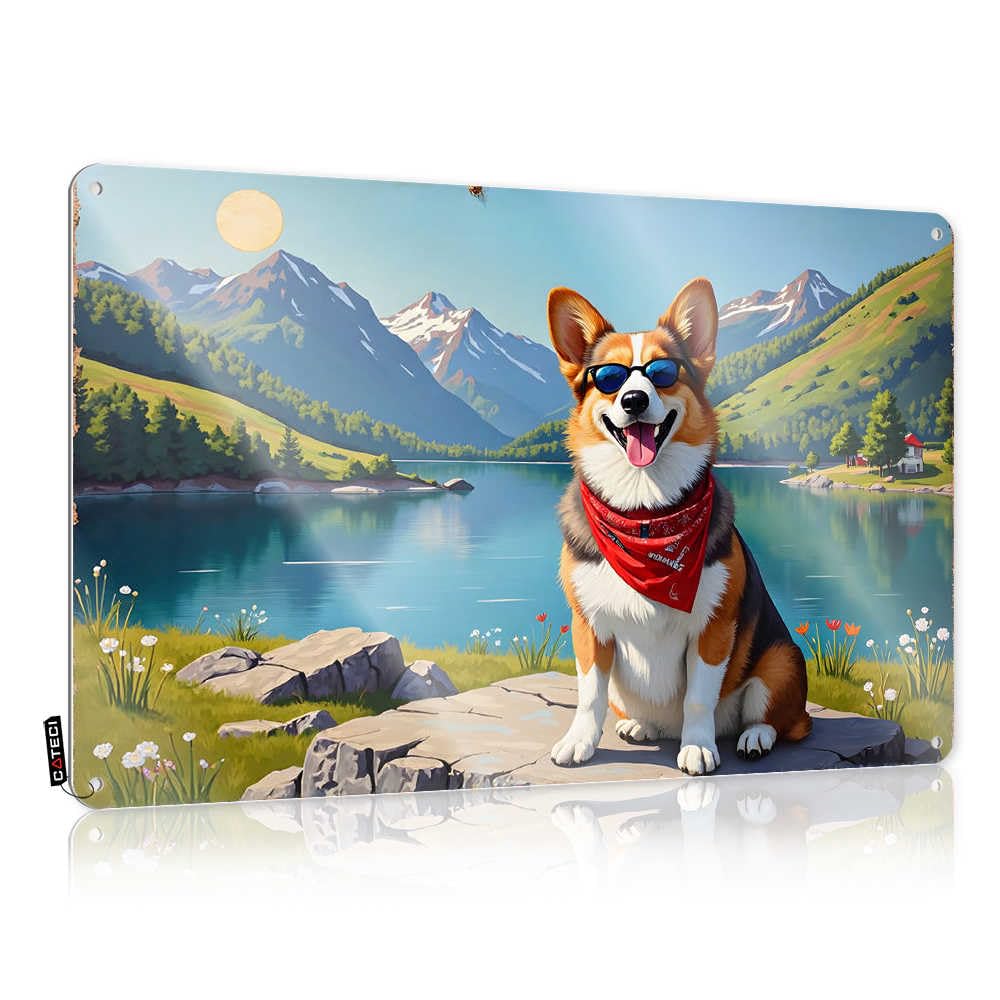 Fzfn Colour Farmhouse Signs Decor Indie Happy Corgi Enjoying A Sunny Day By The Lake For Basement Bar - Space Customizable(30X40cm)