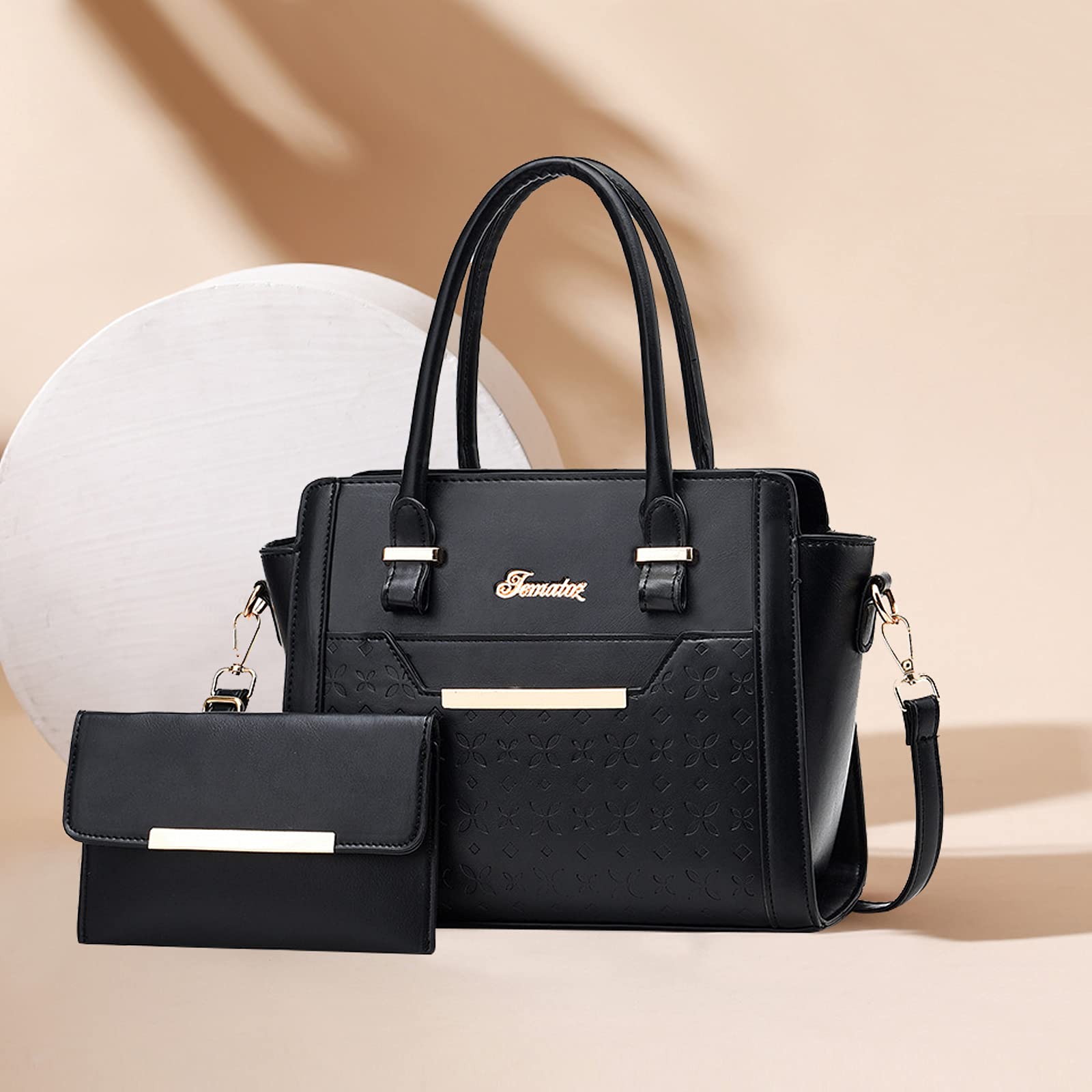 NICOLE & DORIS Bolsos de mano para mujer, grandes, 2 piezas, bolso de hombro, elegante, simple, multifunción, bolso de mano de piel sintética con ranura para tarjetas, Black, Large