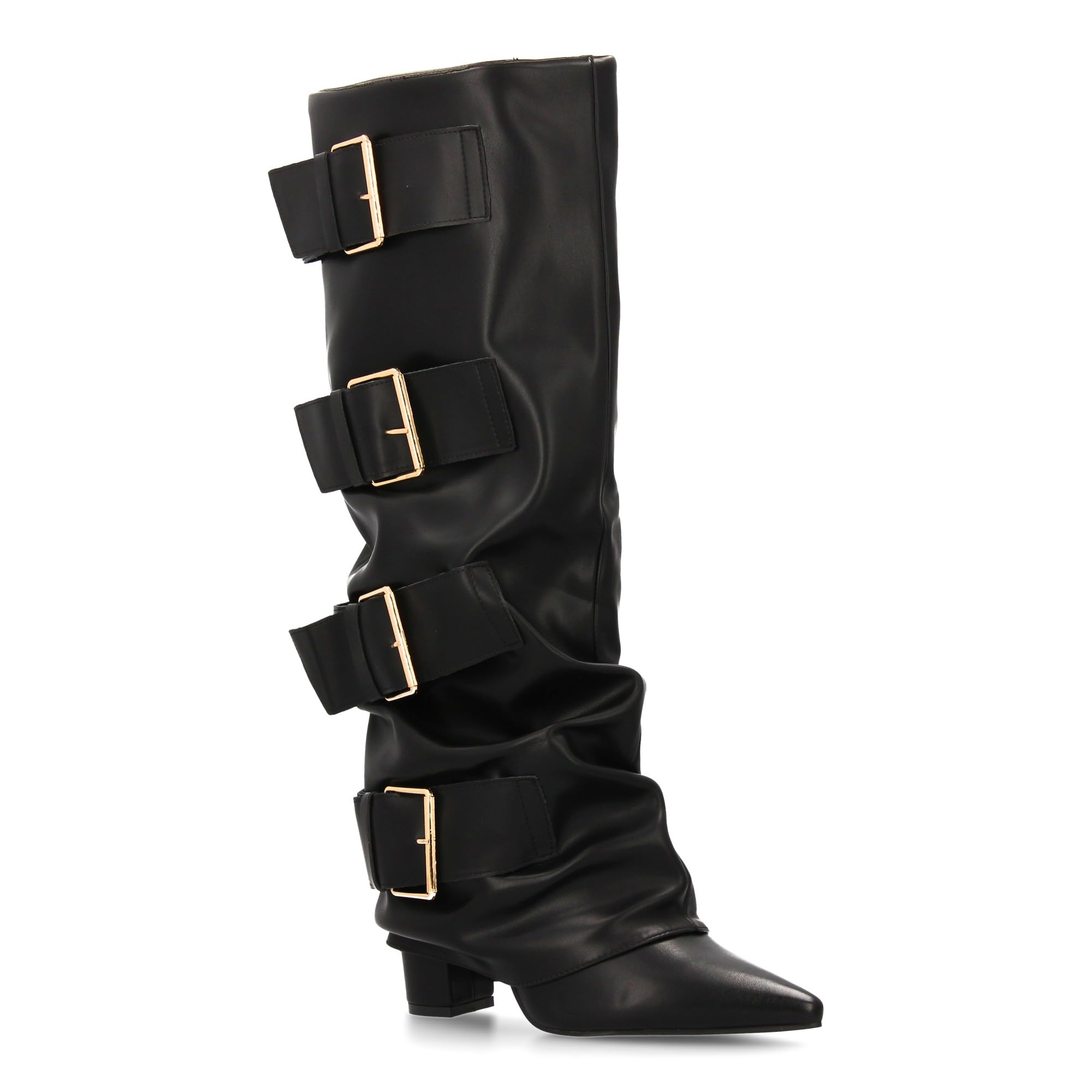 Botas Altas para Mujer con Hebillas y Efecto de Forro. Punta Fina y Tacon Comodo, Estilo Moderno y Elegante, Ideal para la Temporada Otono Invierno.