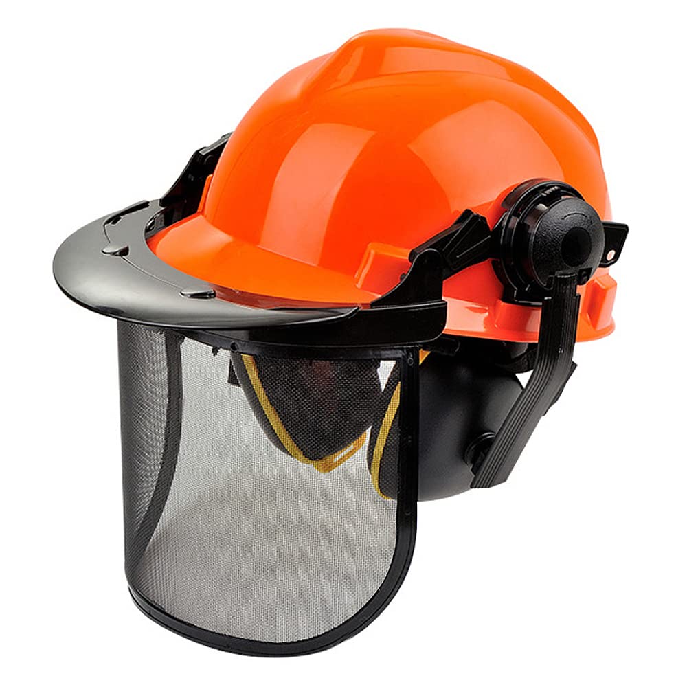 Casco di Sicurezza con Visiera e Paraorecchie, Elmetto Forestale in HDPE con Visiera in Rete d'Acciaio Arancione
