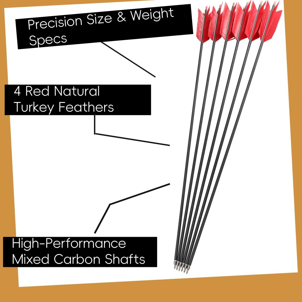 Lot de 12 flèches Flu-Flu en Carbone de 30 Pouces avec 4 Plumes de dindon, 12 Pointes de flèche, rigidité 500 Spine, flèches de Chasse et de tir pour tir à l’Arc, Arc à poulies & Arc Classique
