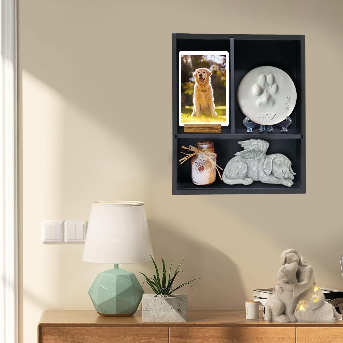 Sofunii Pet Memorial Deep Shadow Box with Shelves for Dogs or Cats,Solid Wood Pet Memory Keepsake Box for as Loss Remembrance-Black
