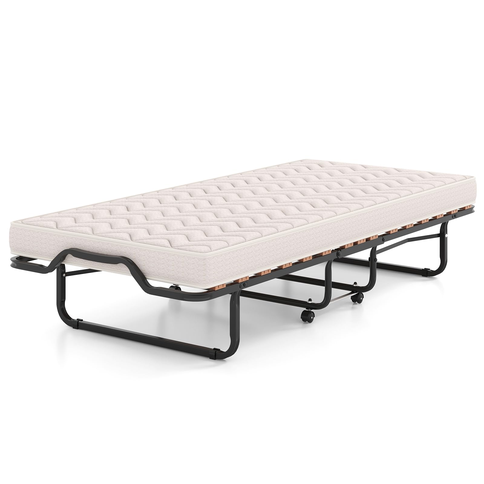 COSTWAY Cama Plegable con Colchón en Memory Foam 80 X 200 cm, Cama Supletoria Plegable con Ruedas para Casa, Acolchado Ondulado con Doble Relleno de Fibra, Ahorra Espacio, (Beige 2)