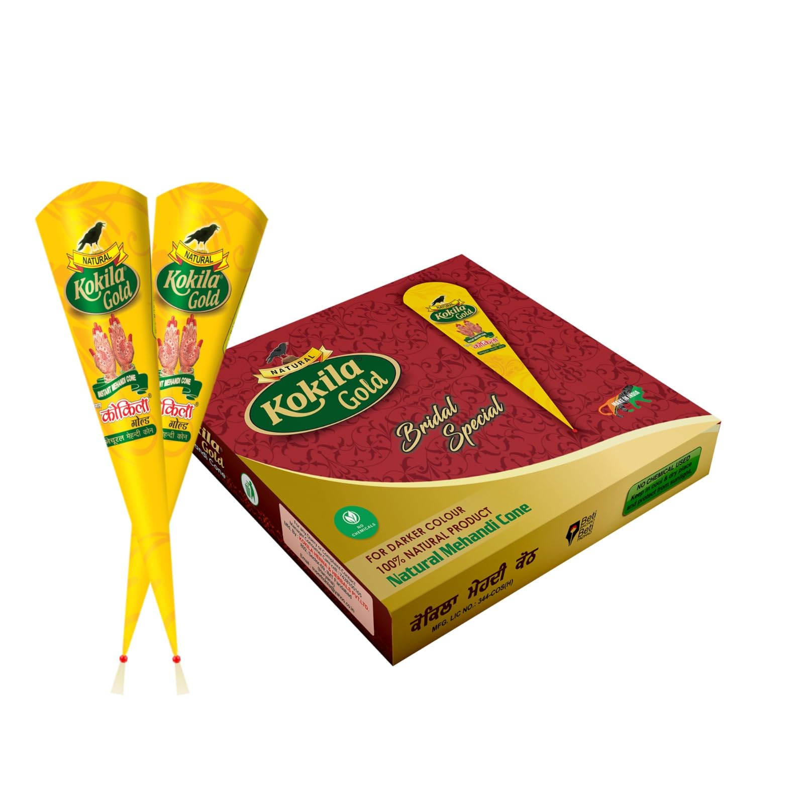 Kokila Bridal Special Premium Gold Mehendi Cones - 1 Box (12 Cones - 35g Each Cone) - 100% Natural, No Chemicals & Henna Stencil-image-21