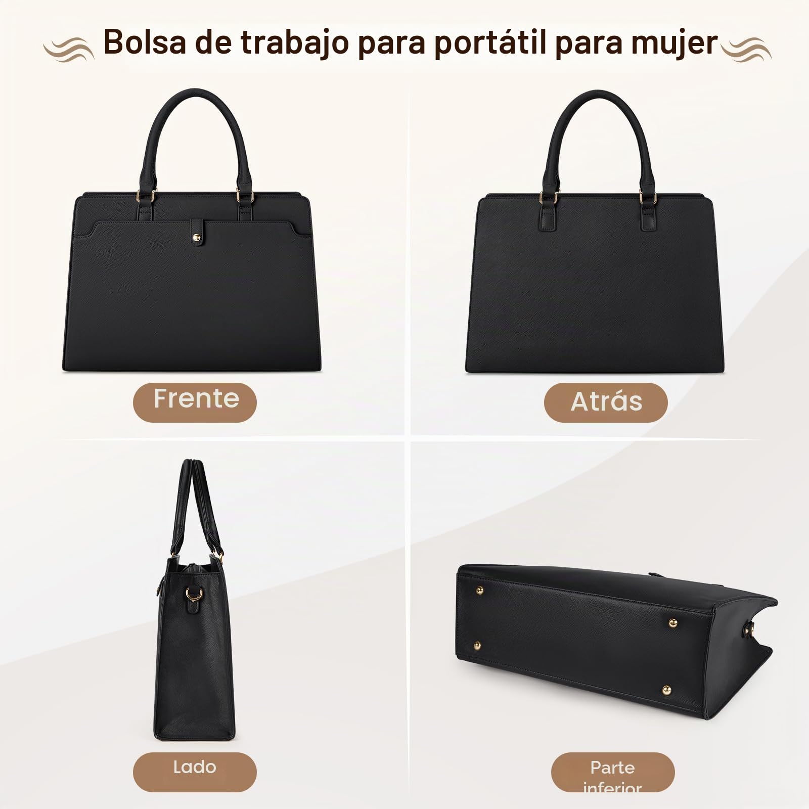 RAINSMORE Bolso Mujer Grande Bolsos Universidad Mujer Impermeable Bolso Ordenador Portatil 15.6 Pulgadas Cuero PU Bolso Shopper Trabajo Tote Negro