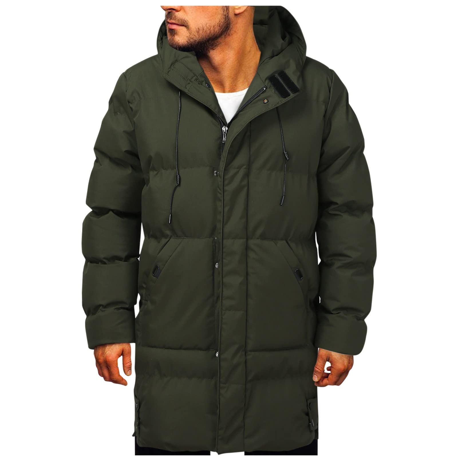 Piumino lungo da uomo con cappuccio – Giacche trapuntate da uomo eleganti casual tinta unita piumini da uomo a maniche lunghe con coulisse cappotti invernali lunghi impermeabili caldi parka con