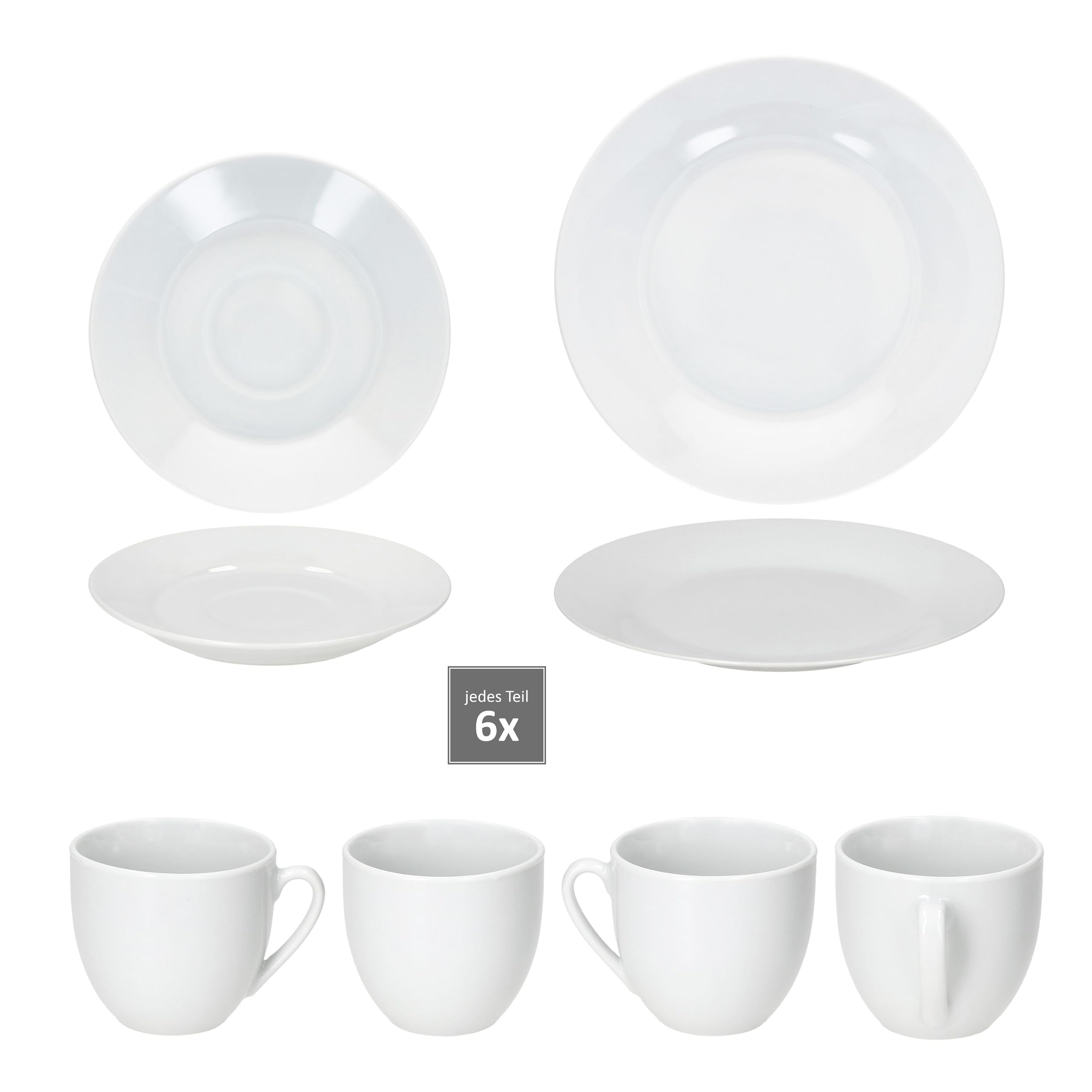 MamboCat Tommy 18tlg Kaffeeservice I weißes Porzellan-Kaffeeset für 6 Personen I Je 6X Kaffeetassen, Untertassen & Kuchenteller I schickes Geschirr für Frühstück & Kaffee, Gastro, Hotel & Co