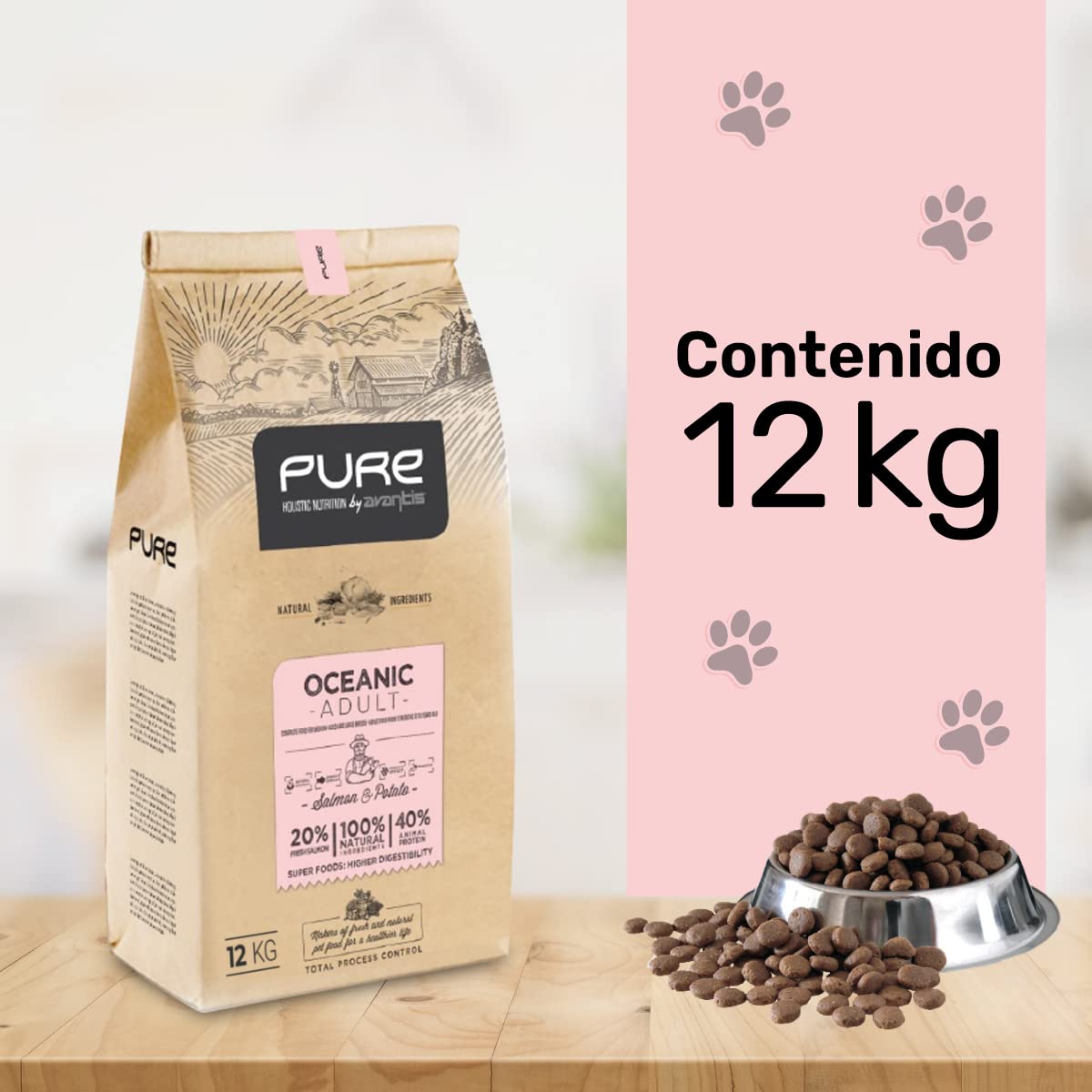 Pure Oceanic Adult Salmón y Patata 12 kg – Pienso Holístico con Carne Fresca para Perros Adultos – Estómago Sensible – Omega 3 y 6