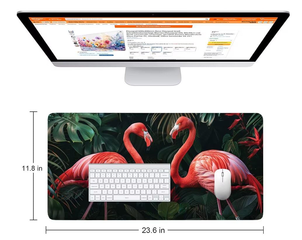 Czerwona podkładka pod mysz podkładka pod mysz na biurko z flamingiem mata na biurko 1600 x 800 x 3 mm, podkładka pod mysz z antypoślizgową gumową podstawą, zmywalna, zszyte krawędzie, podkładka pod