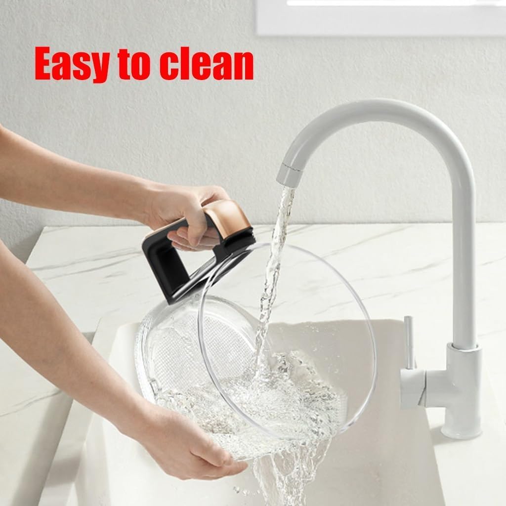 Person cleaning the detachable glass basket of the air fryer under running water
