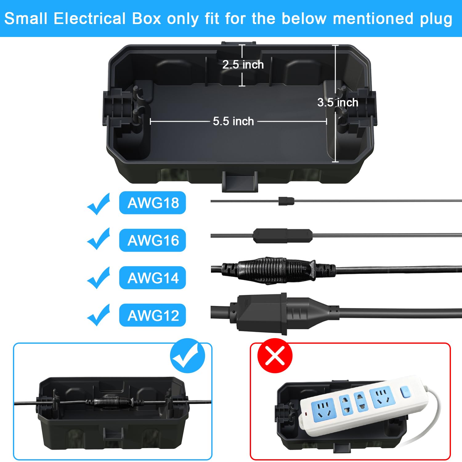 Small Electrical Box (Inner 5.5X 3.5 x 2.8 inch) Outdoor Weatherproof Extension Cord Cover, Waterproof Electrical Connection Box Protect Timers, Extension Cables,Holiday Light Decoration