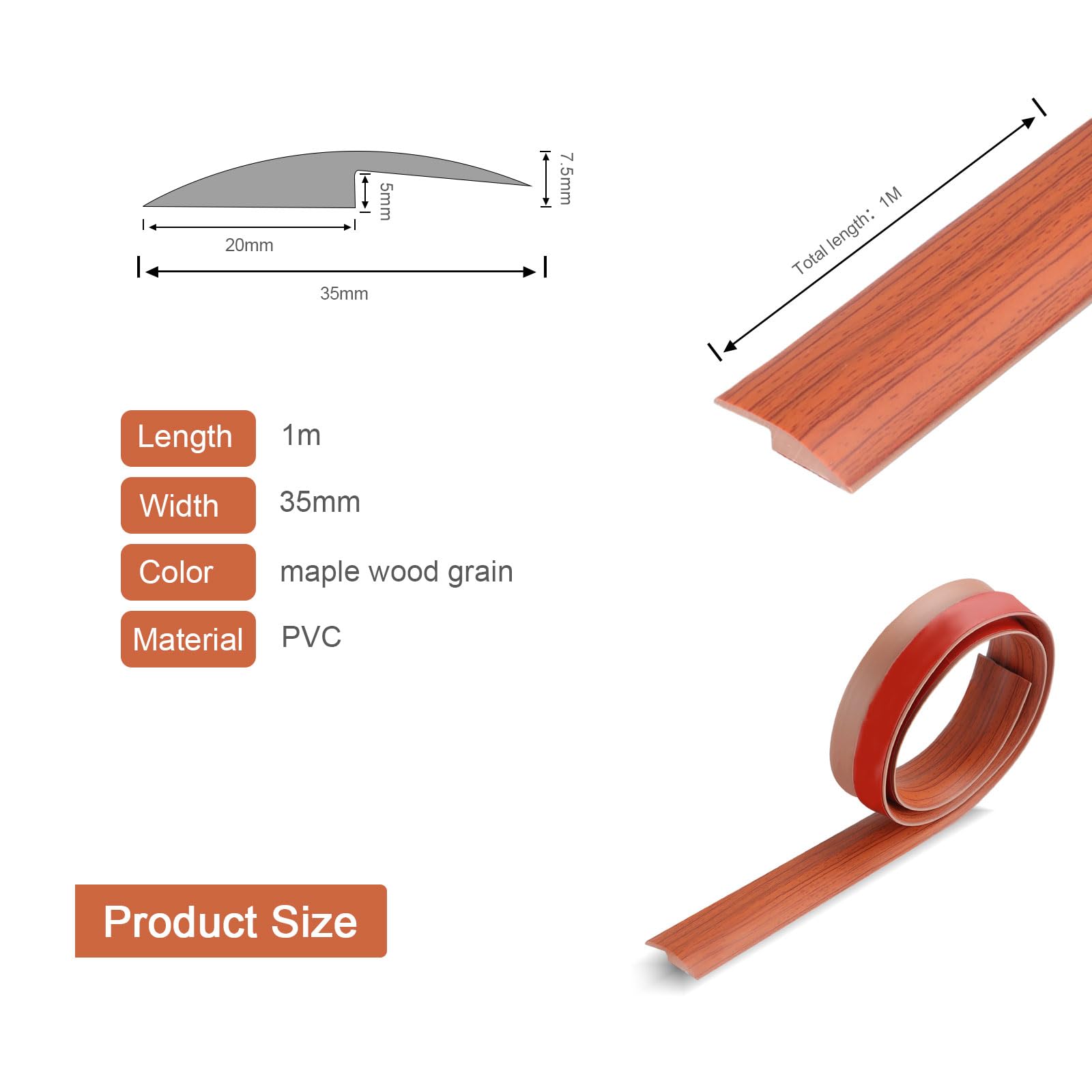 100cm Striscia di Soglia, Strisce di Rivestimento per Porte per Tappeti, Strisce Divisorie Autoadesive per Pavimenti a Soglia con Moquette, Altezza di Transizione Inferiore a 5 mm (Teak)