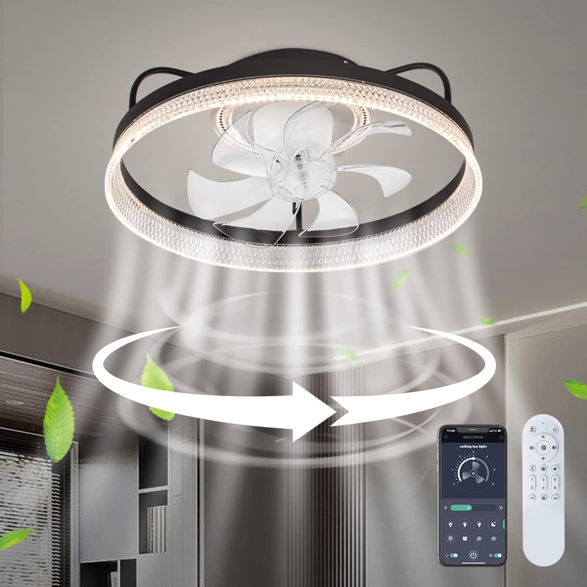 Ceiling Fans with Lights, Adjustable Warm and Cool LED Lights，Small Acrylic Bedroom Living Room Kitchen Ceiling Fan With 6 Wind Speeds, With Remote Control (Modern, Black)