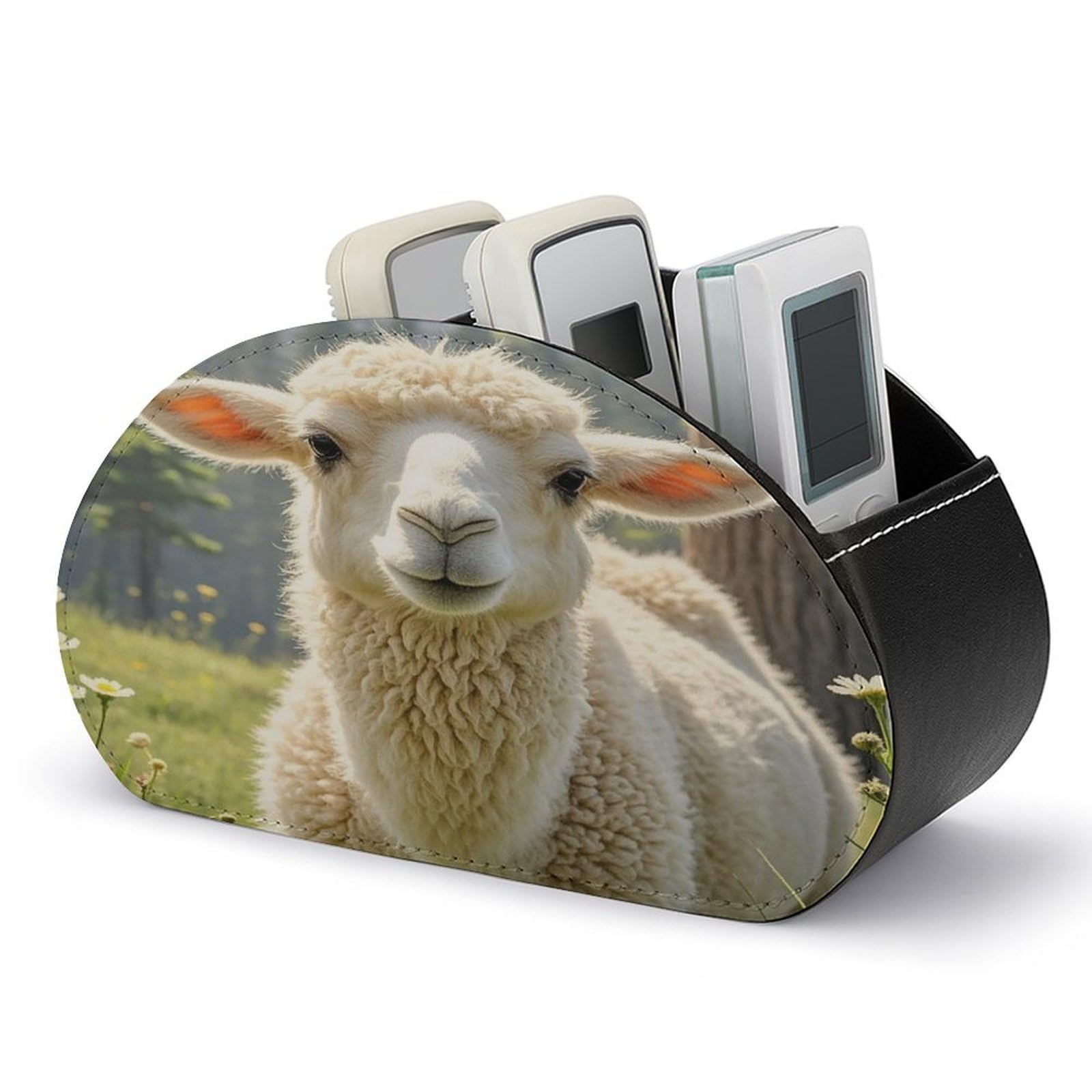 FekiLoot Leather TV Remote Control Holder with 5 Compartments Multifunctional TV Remote Holder Bedside Table Remote Caddy Storage Box Llama Alpaca Remote Organizer for Home Office