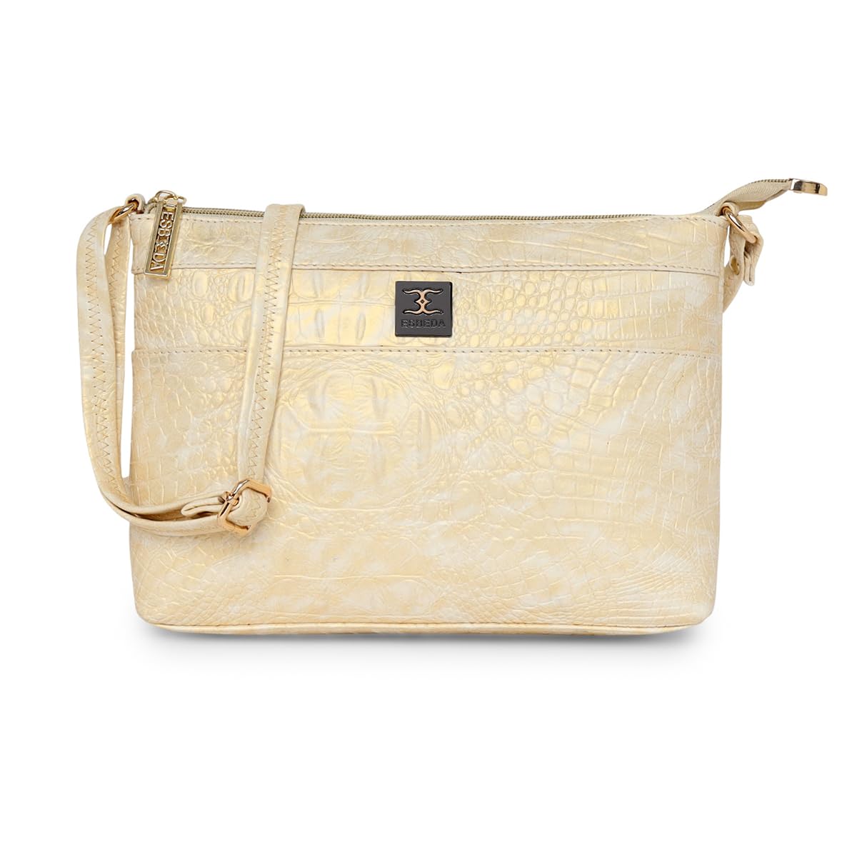 esbeda Gold White Color Luxe Croc-Texture Crossbody Slingbag For Womens-picture-14