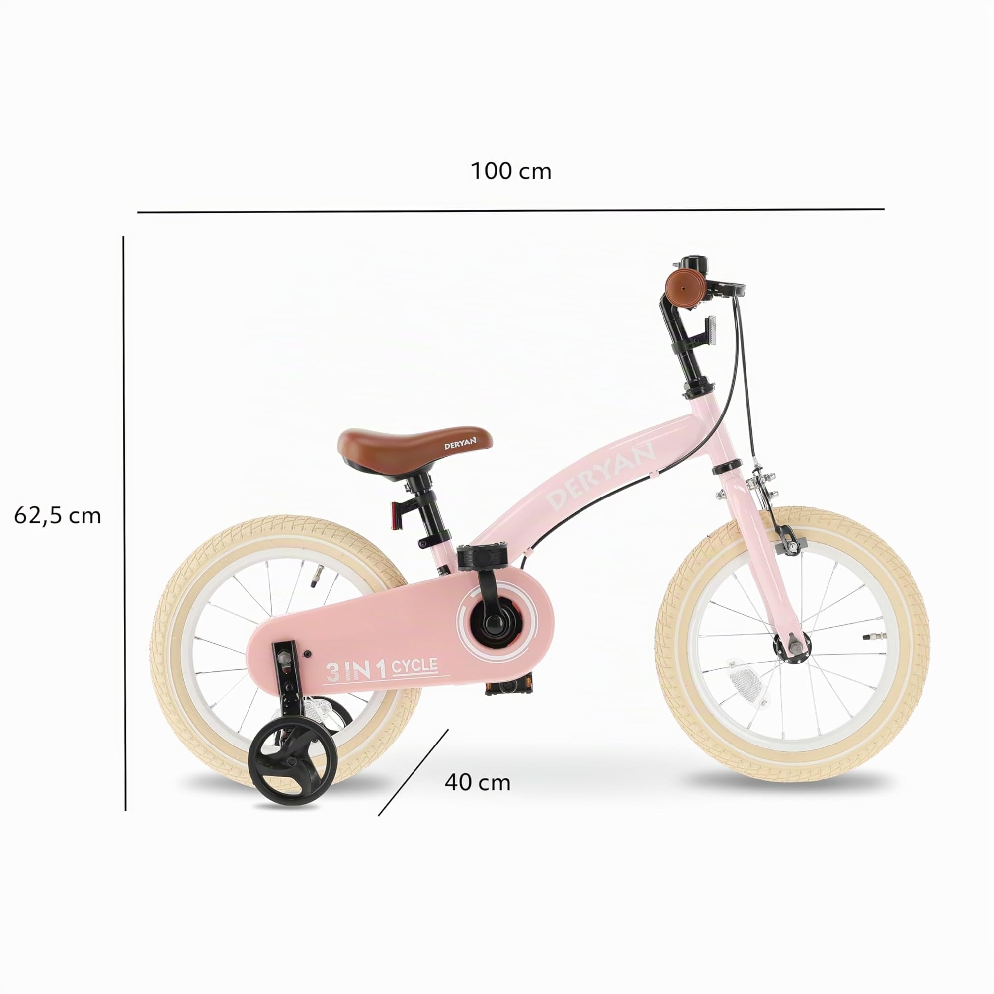 Deryan Bicicletta per Bambini 3 in 1 12 14 16 Pollici con Rotelle e Pneumatici ad Aria