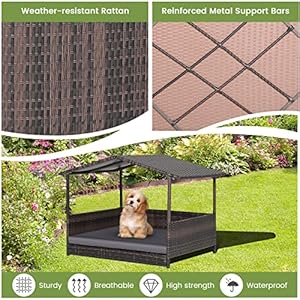   Tangkula-Wicker-Dog-House-Indoor-Outdoor-Raised-Rattan-Dog-Bed-wRemovable-Cushion-Washable-Cover-Weatherproof-Roof-Rattan-Puppy-Shelter-wElevated-Floor-for-Small-Medium-Dogs-Grey