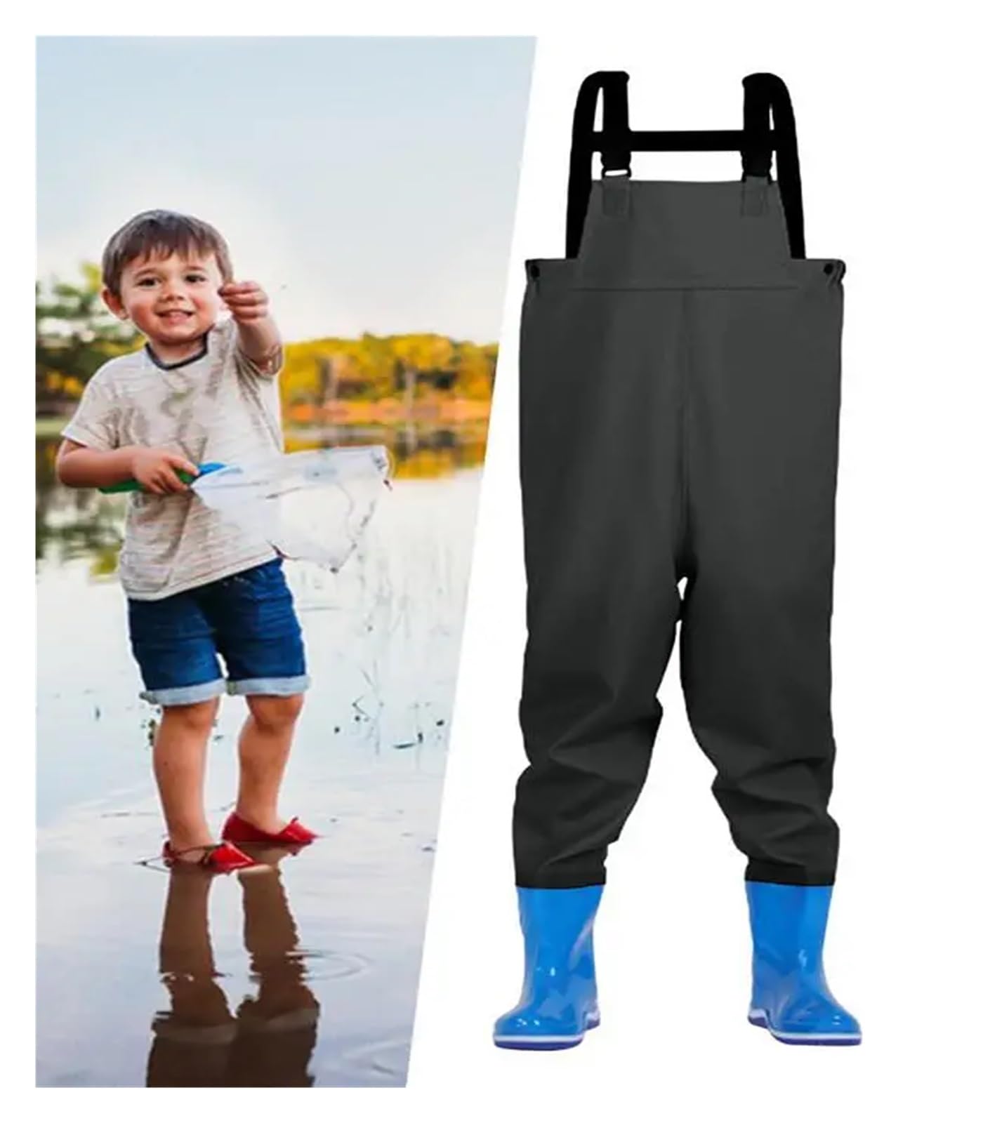 Wathose für Jugendliche, PVC-Wathose, Halbkörper, Angel-Wasserhose mit Stiefeln, elastischer Bund, Schnellverschlussschnallen für Kinder (28 L)