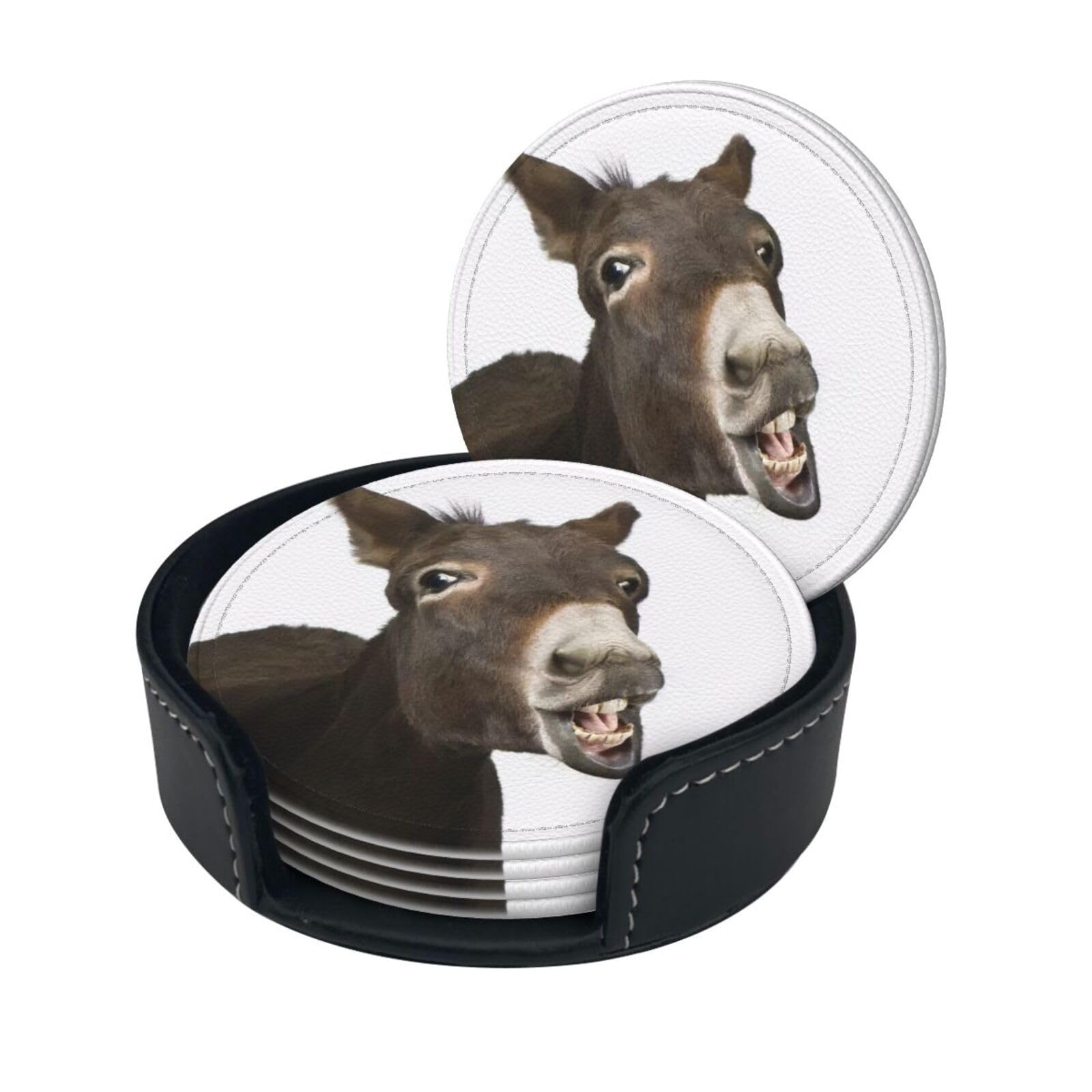 Wquvmds White Funny Donkey Print Coasters For Drinks With Holder Set Of 6, Pu Leather Coasters Drink Coasters Cup Pad Mats