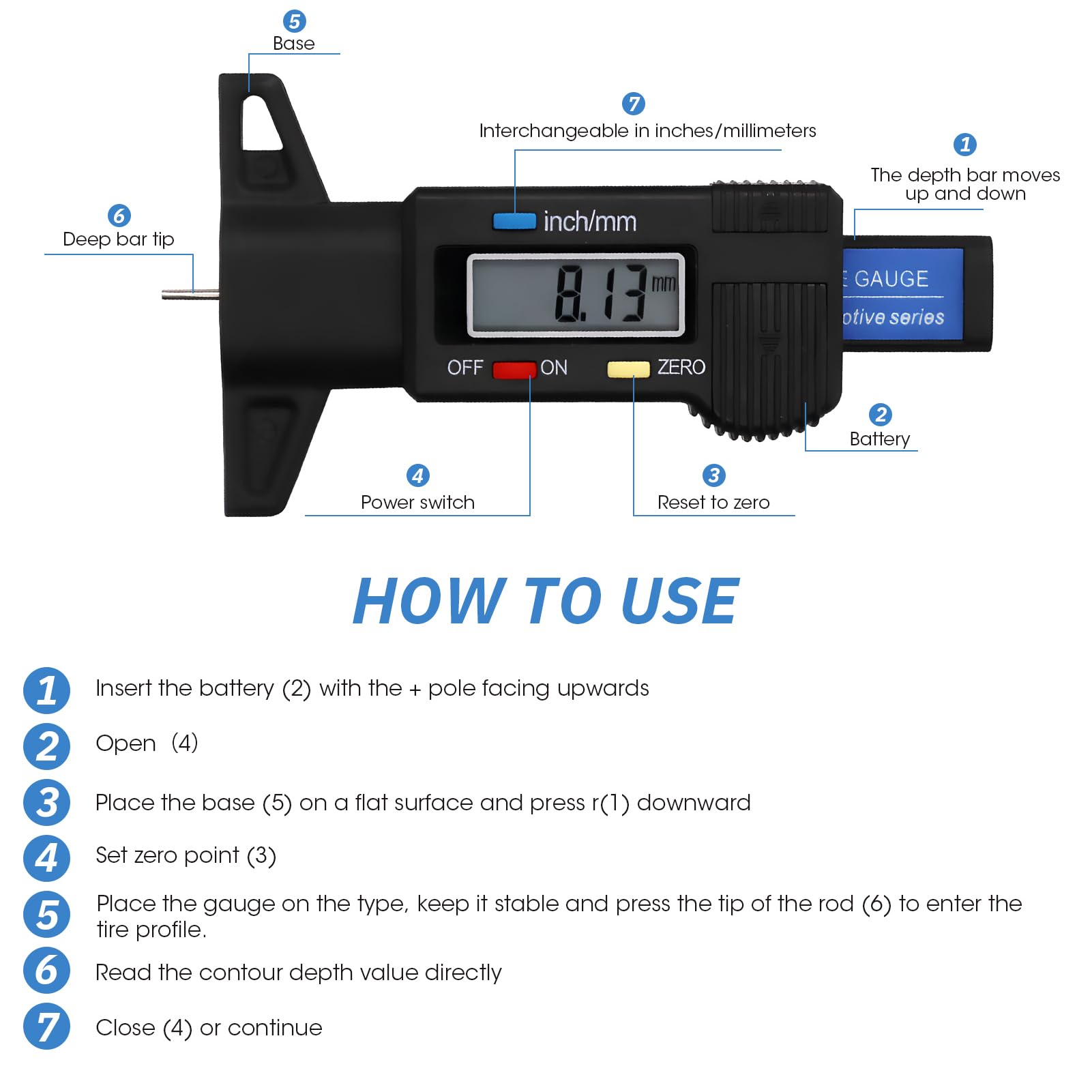 Misuratore Di Profondità Digitale Per Pneumatici, Battistrada Con Grande Display LCD, In Pollici/Mm, Tester Di Profondità Per Auto, Moto, Camion