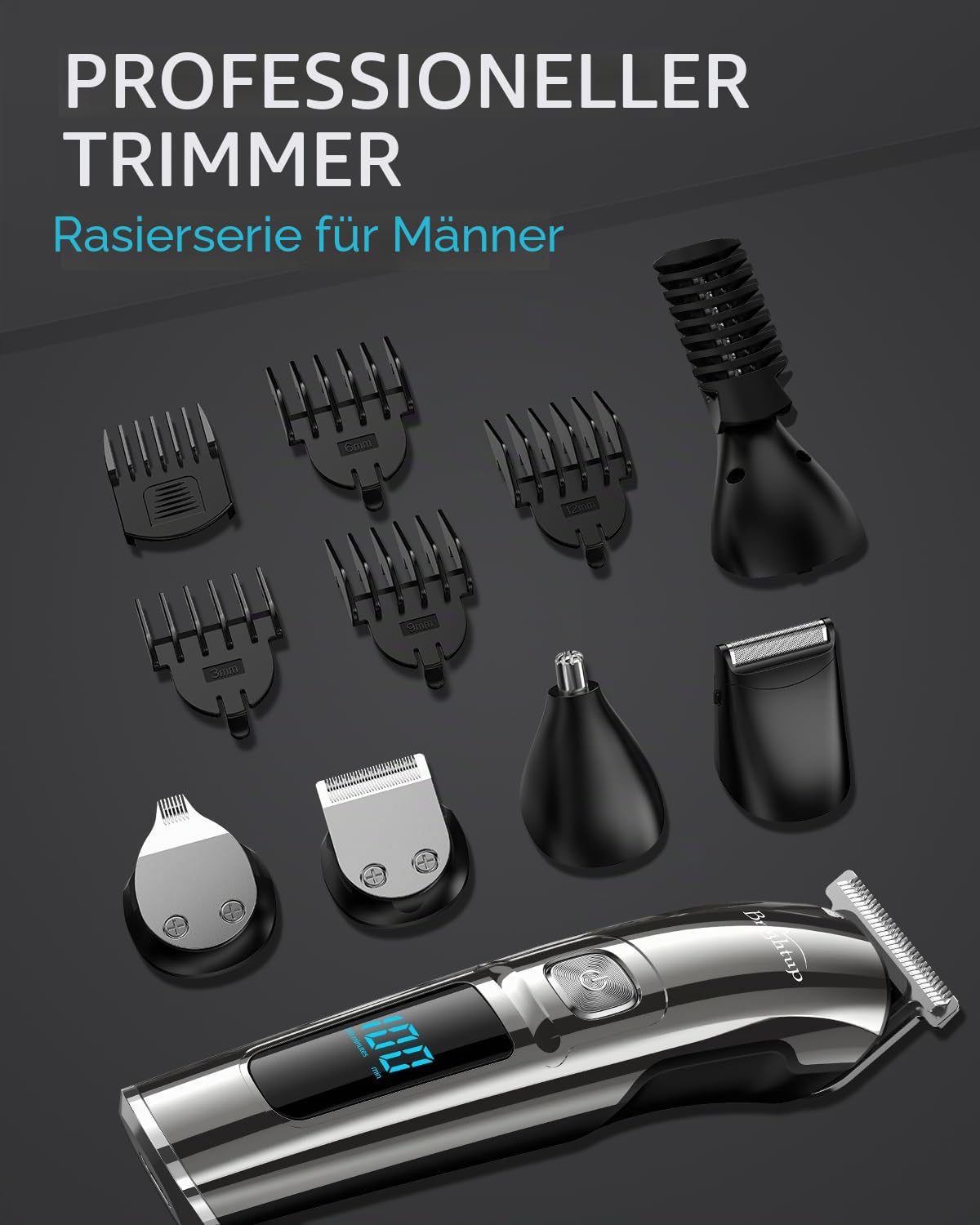 Brightup Barttrimmer Herren - Bartpflegeset mit Haarschneidemaschinen, Haartrimmer, elektrischem Rasierer - IPX7 wasserdicht für Schnurrbart, Gesicht, Nase, Ohren, Körper und Intimbereich, FK-8688T