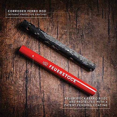Feuerstock Fire Starter Survival Tool For Camping, Full-Grip Carbide Ferro Rod Striker, Firestarter With Patented Red Protective Coating, Shower Sparks In Rain Snow Cold Storms, Black Paracord Lanyard #TOP4