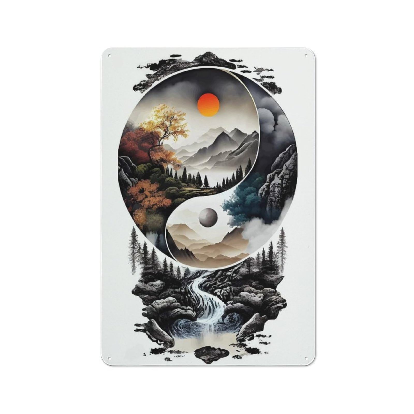 Junmoney Yin Yang Landscape Retro Metal Sign 30X20cm For Living Room Or Hallway, For Updating Living Room And Hallway After Moving