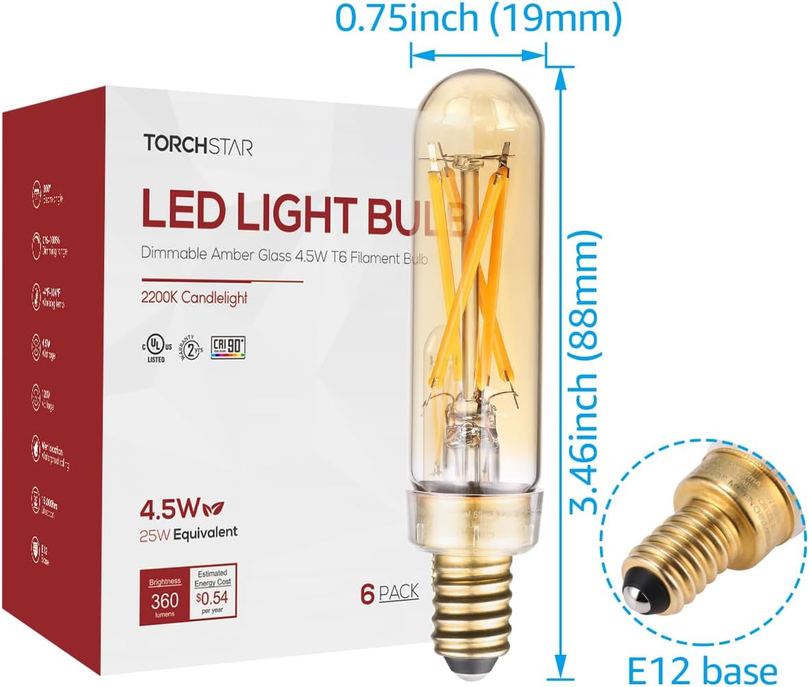 TORCHSTAR 12-Pack T6 LED Bulb, Dimmable Tubular Light Bulb 25 Watt, E12 Candelabra Bulb, 360lm, UL Listed, Edison Filament Light Bulbs for Chandelier, Ceiling Fan, Amber Glass, 2200K Amber Warm