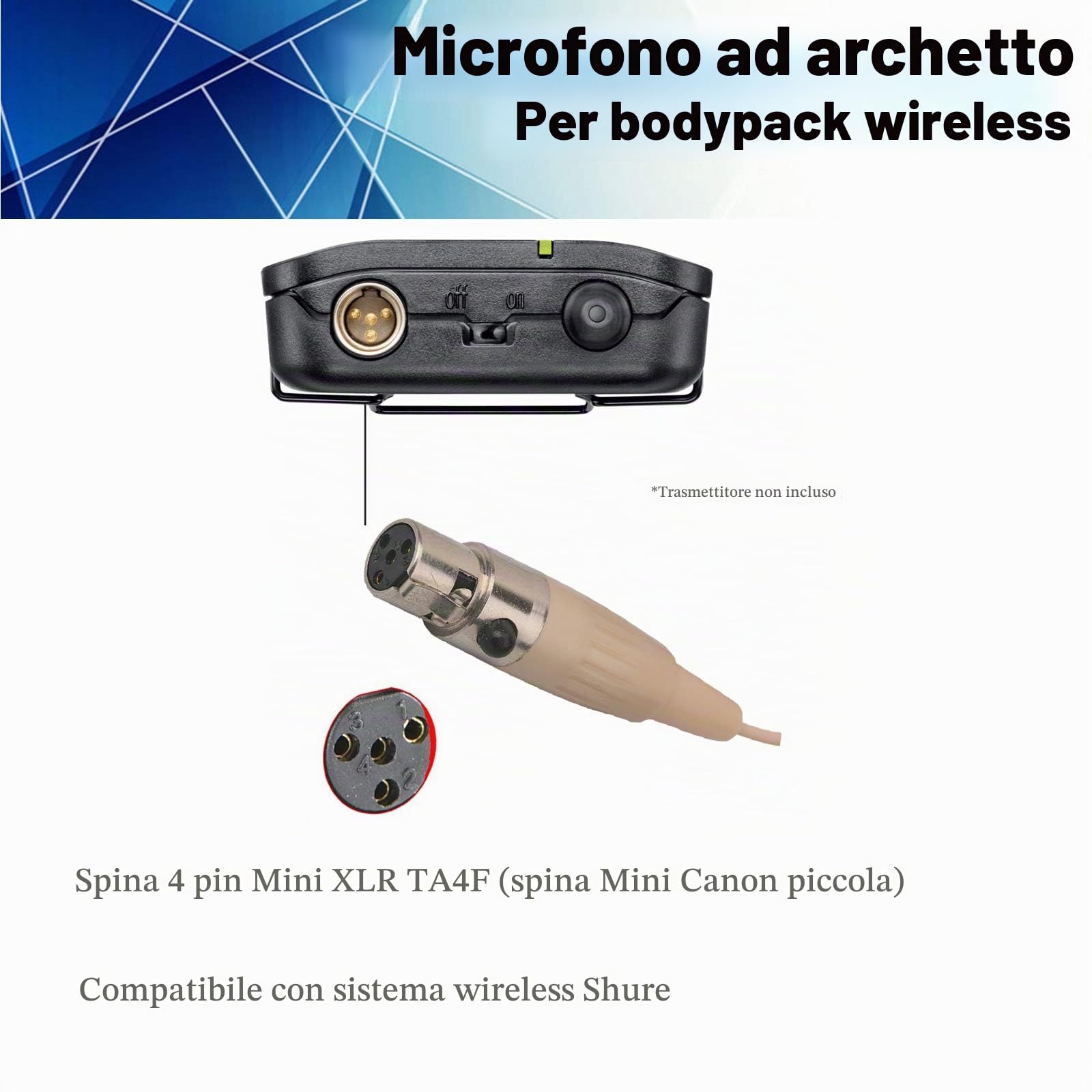 Microfono Auricolare - Discreto Doppio Gancio per l'orecchio Microfono Indossato Ideale per Shure Trasmettitore Da Cintura Wireless per Lezioni, Teatro, Podcast - Spina Mini XLR TA4F