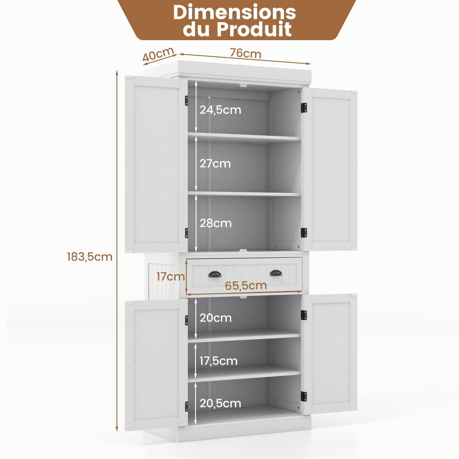 GOPLUS Meuble de Rangement Haut avec 4 Portes & 2 Tiroirs, Buffet Haut de Cuisine avec Étagères réglables pour Salle à Manger, Salon, Cuisine, Salle de Bain, 76 x 40 x183 cm (Blanc)