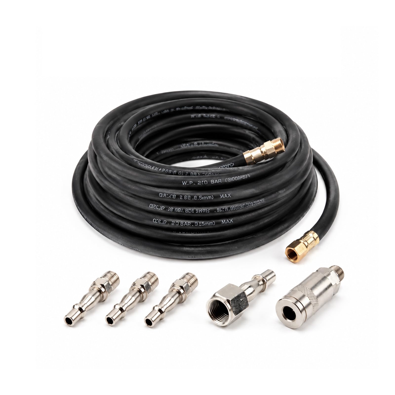 Air Compressor Hose 15m Rubber Air Line 9.5mm ID x 15mm OD, 300 PSI Working Pressure, Heavy Duty Pneumatic Air Hose with 5 Quick Release Fittings 1/4" BSP for Air Tools & Compressors