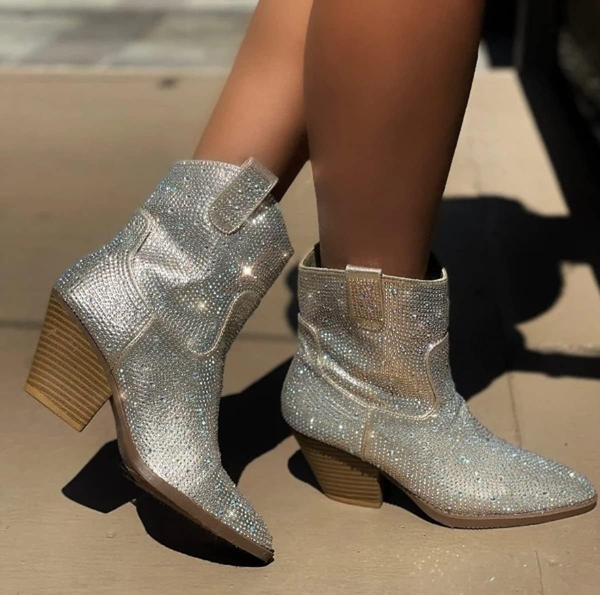 Forever Women's Rhinestone Block Heel Ankle Boots River-01 Champagne 7 - Image 2