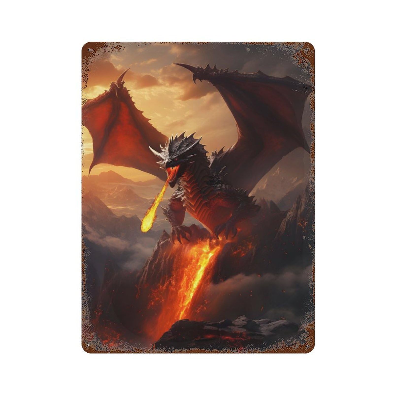 Distressed Metal Wall Sign Red Fire Elder Dragon 15.7"x11.8", Vintage Wall Decor for Garage, Bar And Workshop Decor