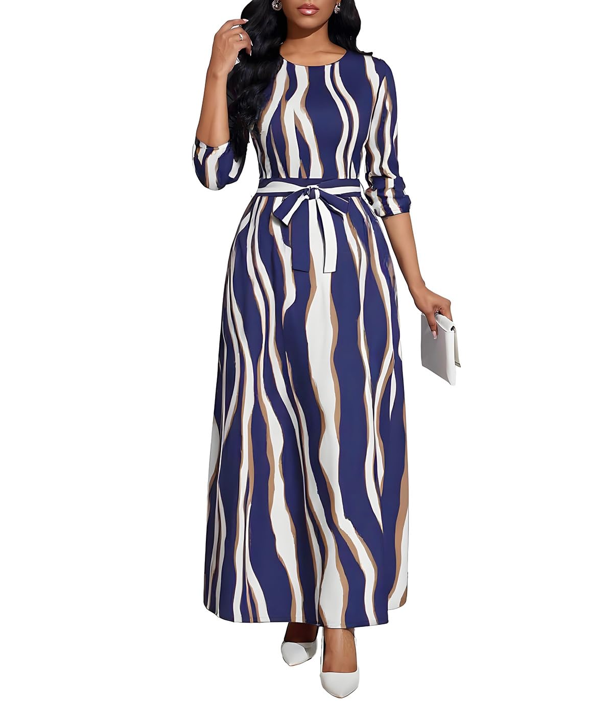 BubFee Long Dress for Women Casual Long Sleeve Dresses Maxi Dress Empire Waist Loose with Belt