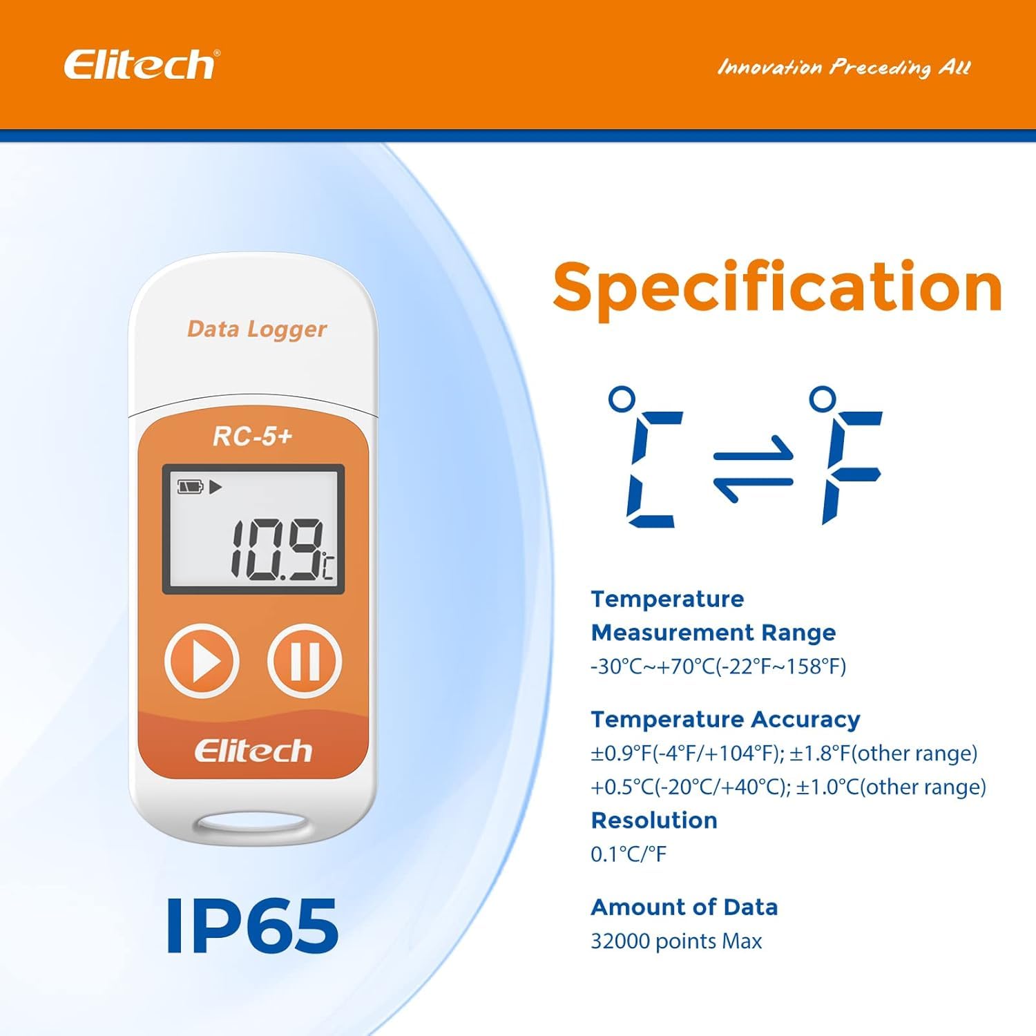 Elitech RC-5+ Registratore di Dati di Temperatura 32000 Punti PDF CSV Automatico Riutilizzabile Protezione Password 5PCS