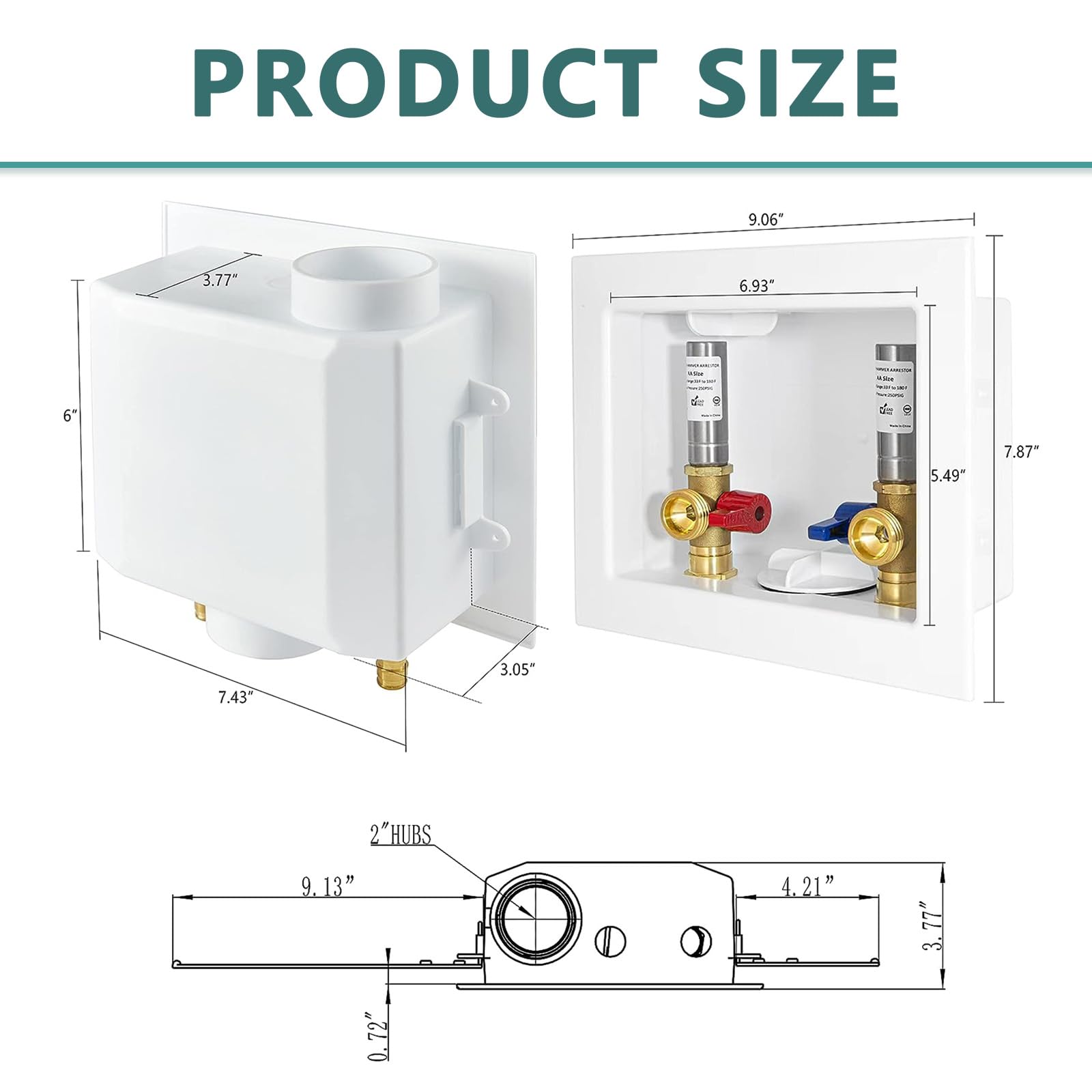 Boîte de sortie pour machine à laver (lavage), drain central/siphon latéral, entrée à sertir Pex 1/2" x raccord de sortie MHT 3/4", avec pare-marteau à eau en acier inoxydable